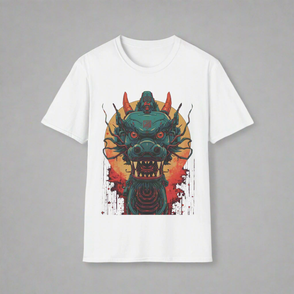 White t-shirt with a colorful dragon graphic