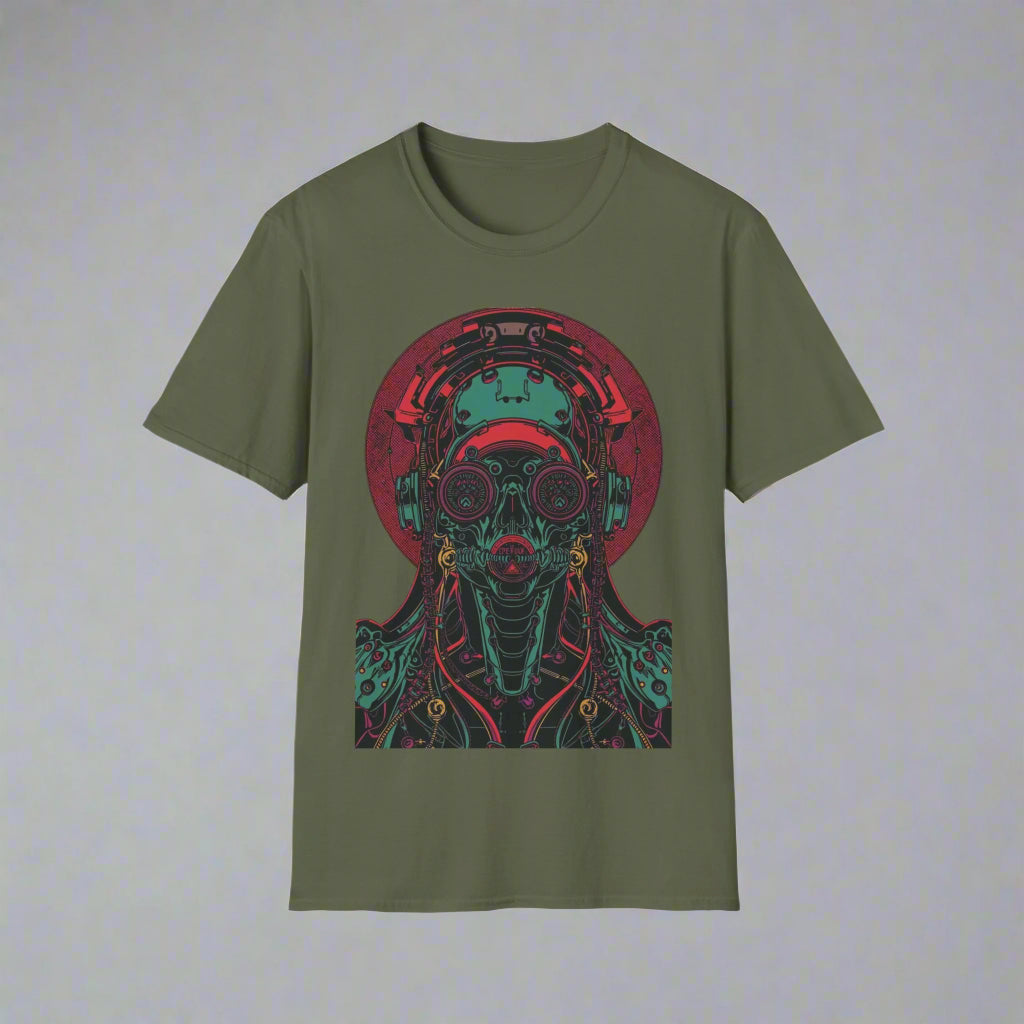 Green t-shirt with a colorful robot graphic