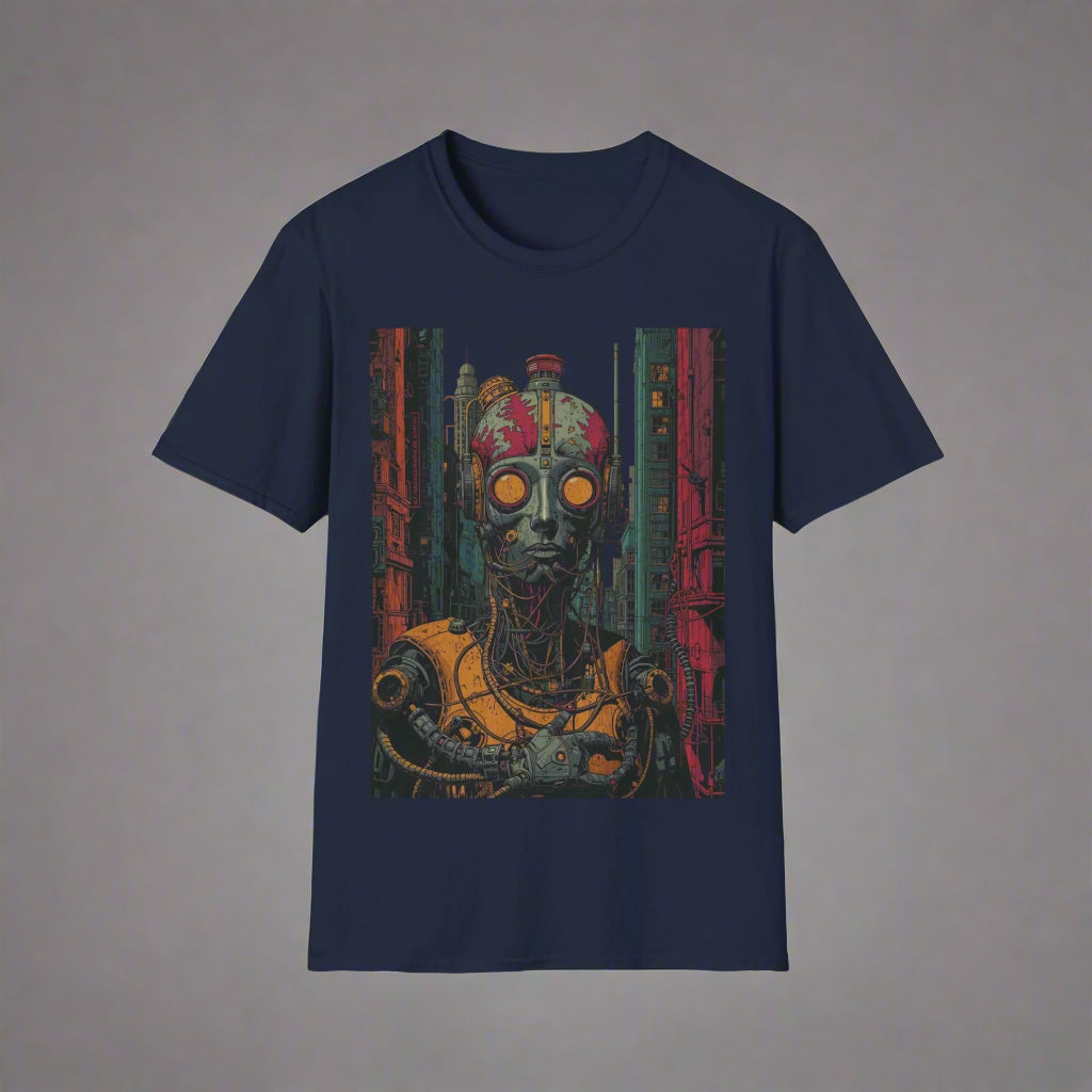 Navy blue t-shirt with a robot graphic