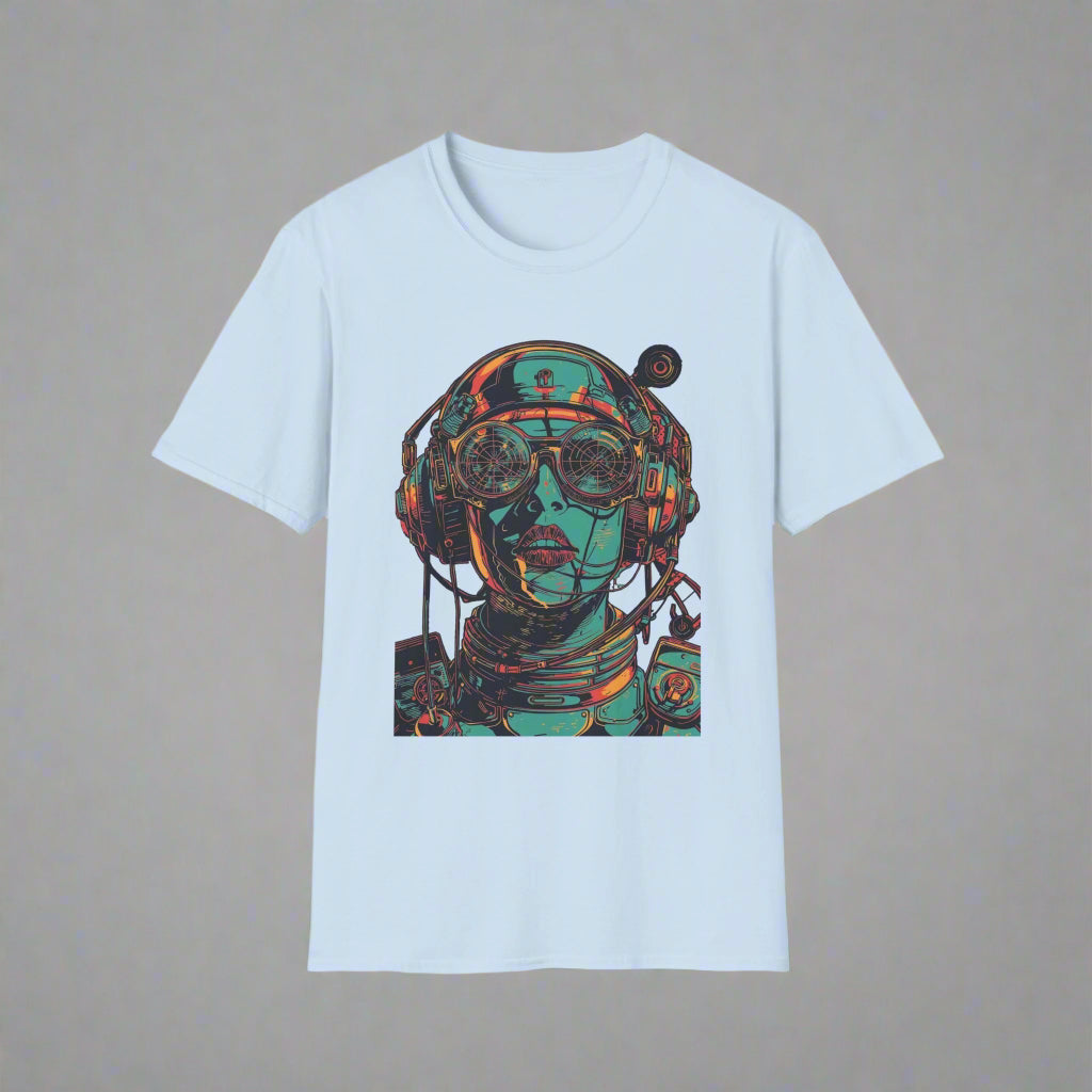 Light blue t-shirt with a graphic design of a person wearing headphones