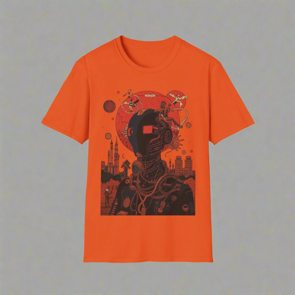 Orange t-shirt with a black graphic design
