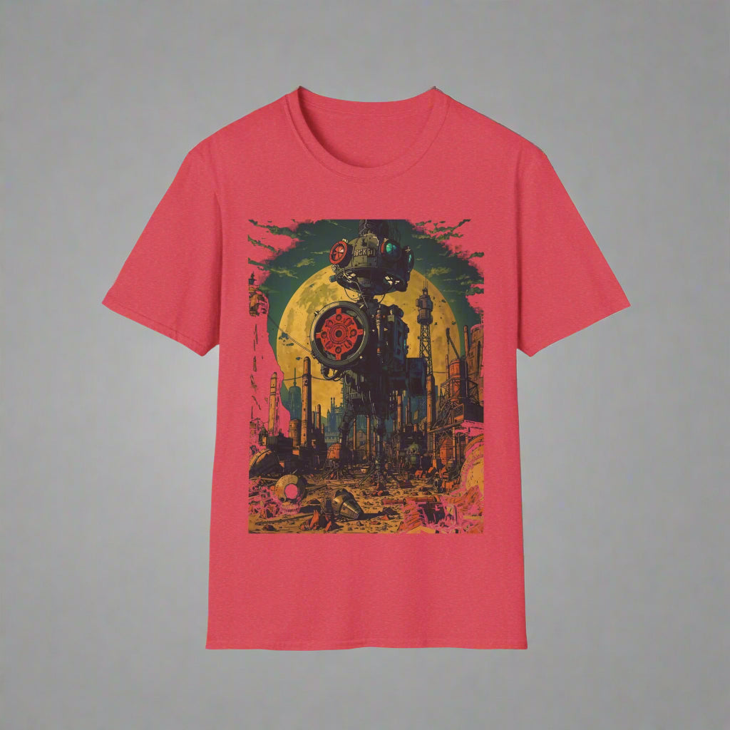 Red t-shirt with a colorful graphic design