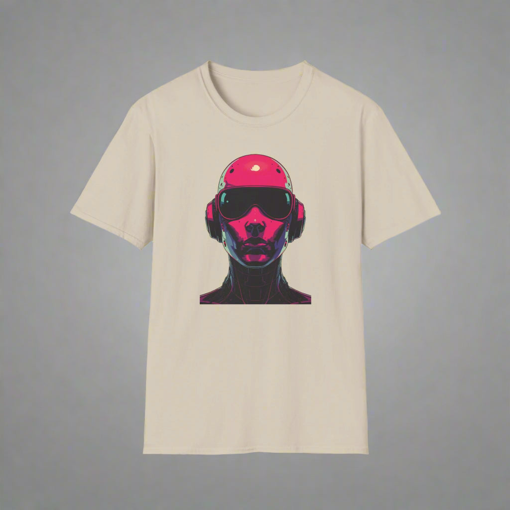 Beige t-shirt with a graphic of a person wearing headphones and sunglasses