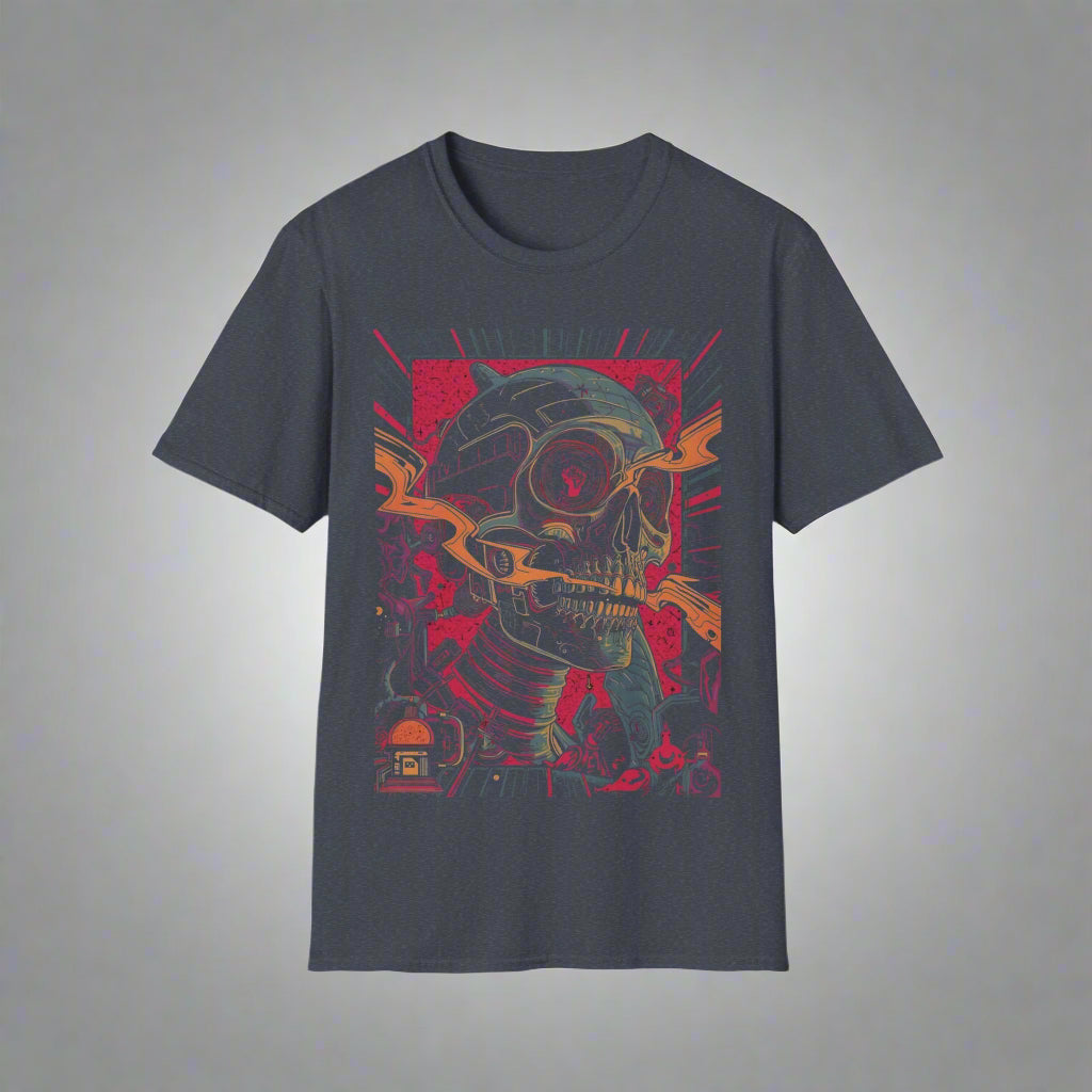 Gray t-shirt with a colorful graphic design