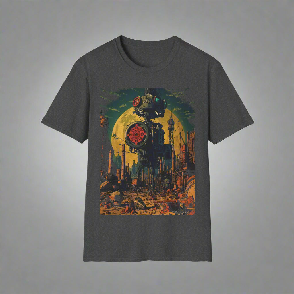 Dark gray t-shirt with a colorful graphic design