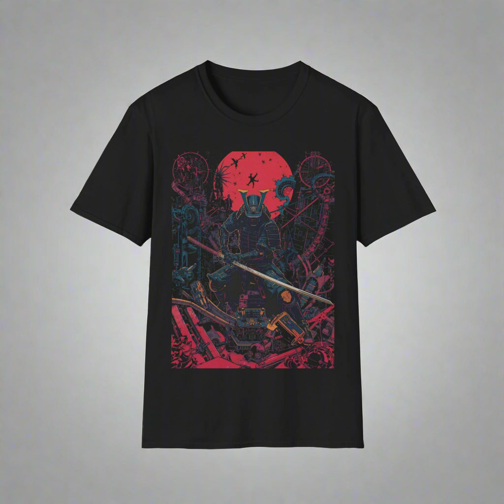 Black t-shirt with a colorful graphic design