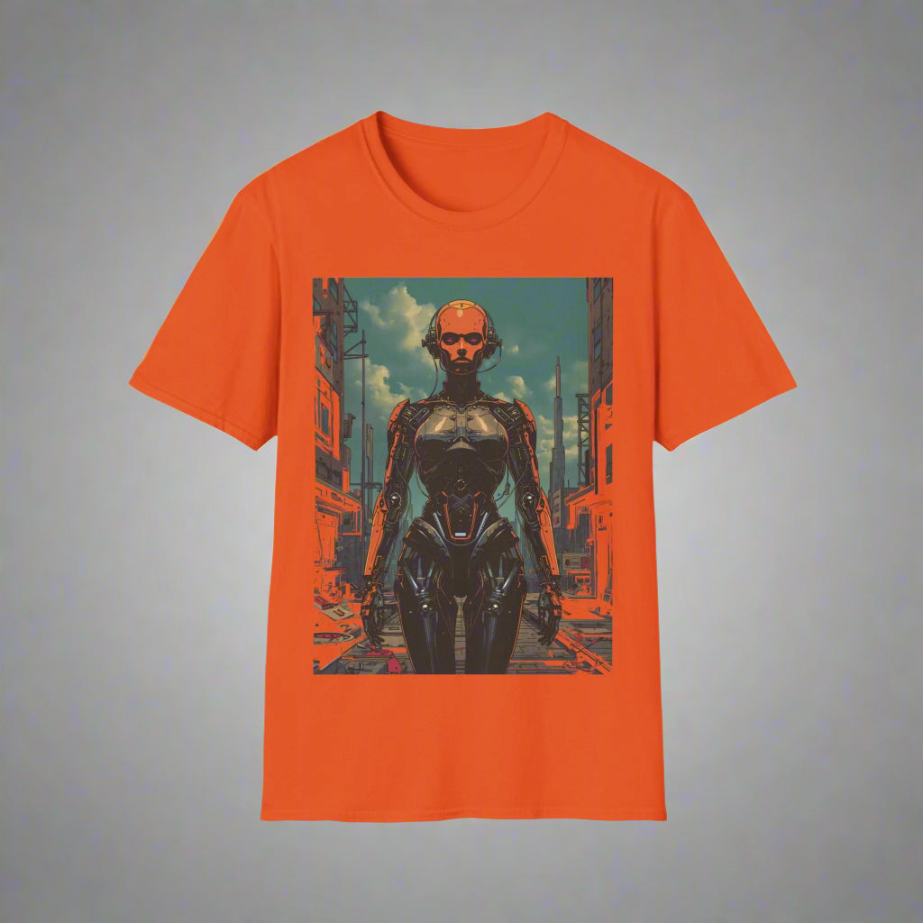 Orange t-shirt with a robot graphic