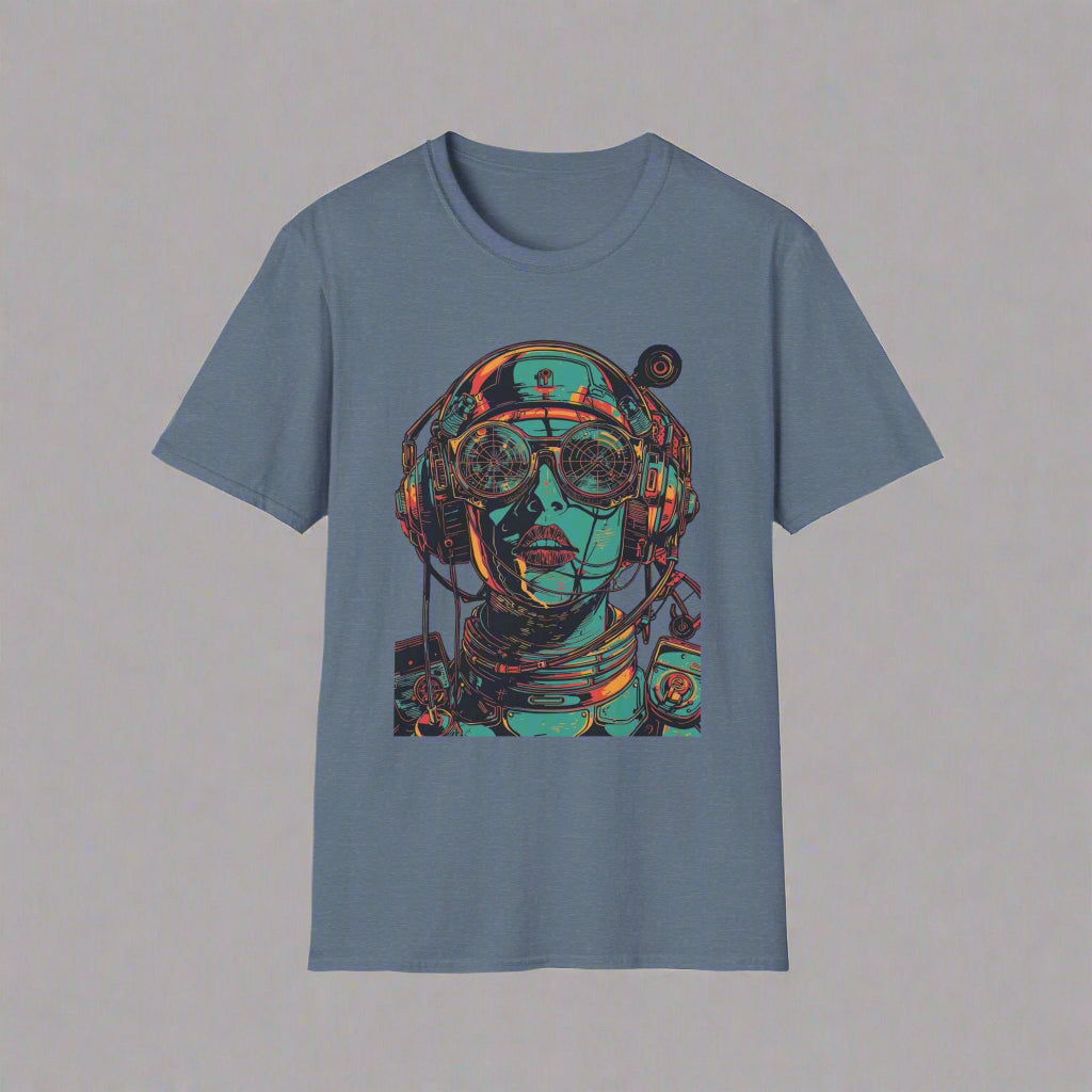 Blue t-shirt with a colorful astronaut graphic