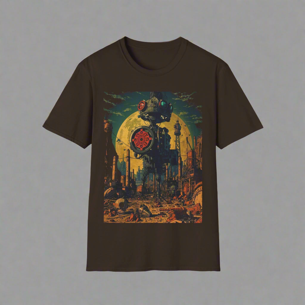 Brown t-shirt with a graphic design of a robot and sun