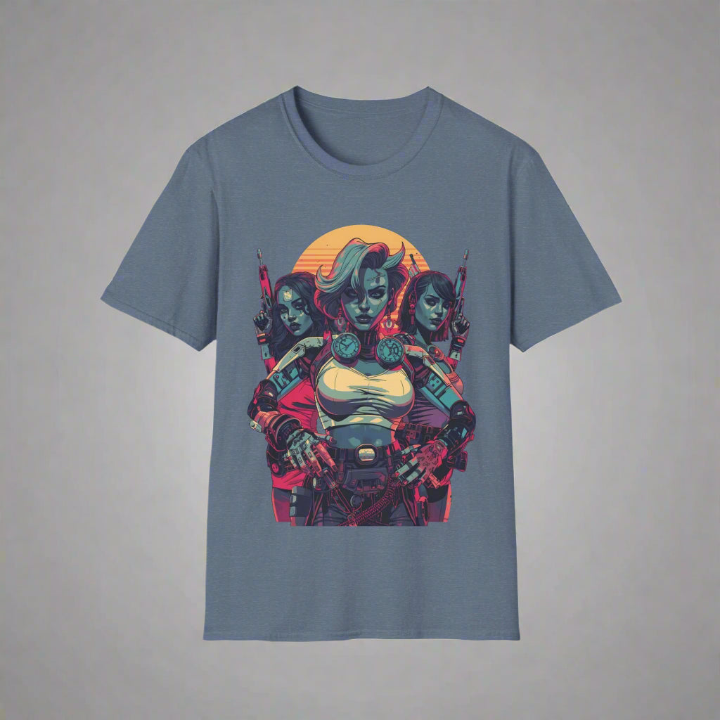 Blue t-shirt with a graphic design of a character holding weapons
