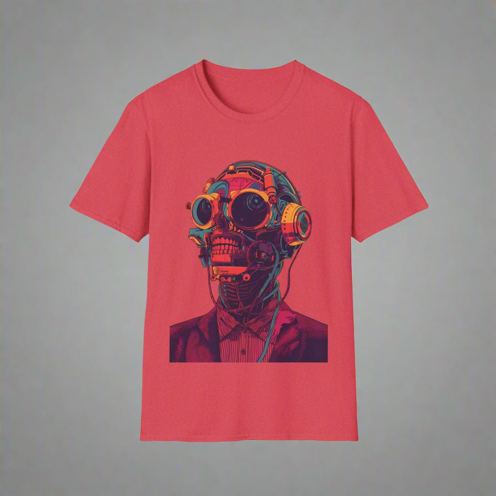 Red t-shirt with a graphic of a robot skull design