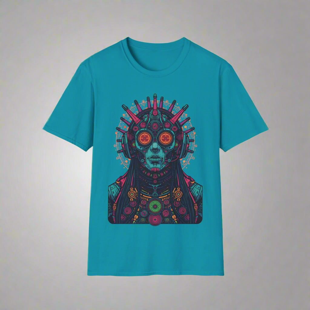 Teal t-shirt with a colorful graphic design