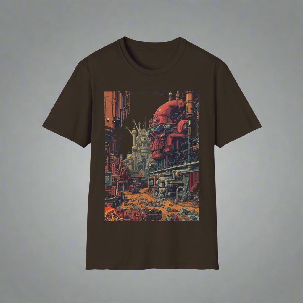 Brown t-shirt with a graphic design of a robot in an urban setting