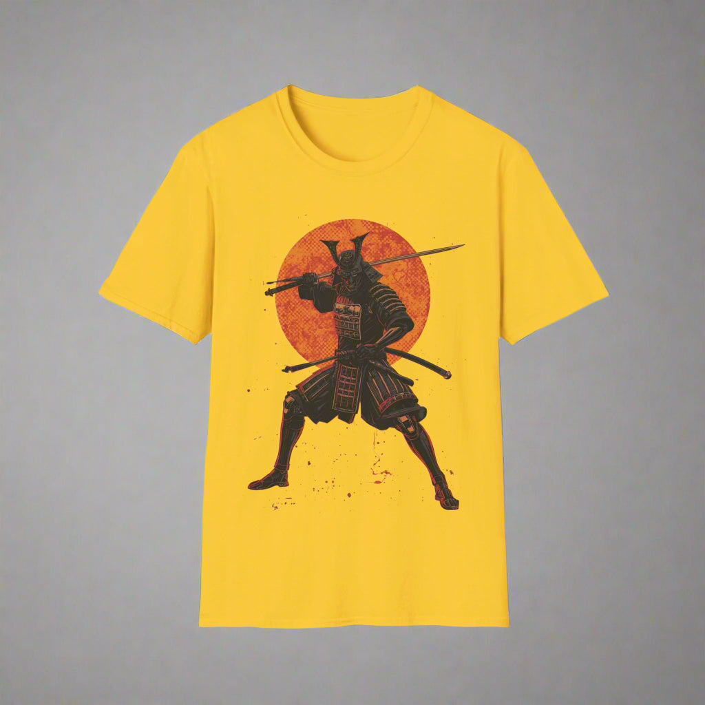 Yellow t-shirt with a black samurai design