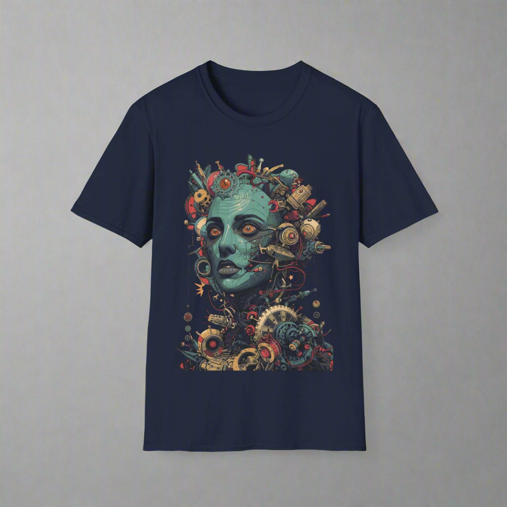 Navy blue t-shirt with a colorful graphic design