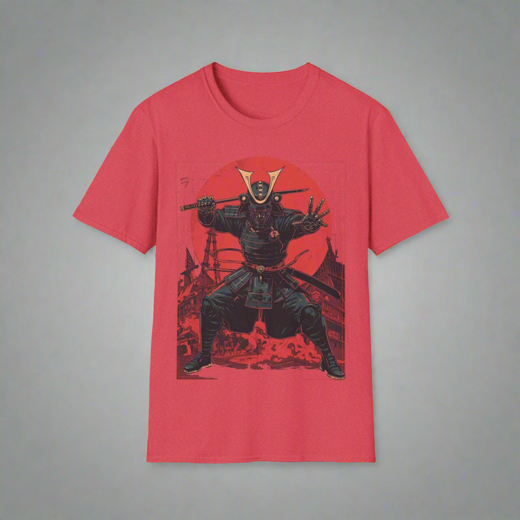 Red t-shirt with a black graphic of a warrior