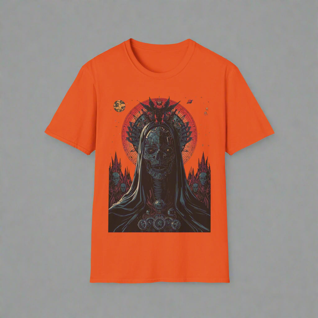 Orange t-shirt with a black and white graphic design