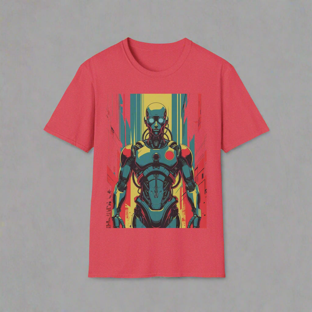 Red t-shirt with a colorful graphic of a robot