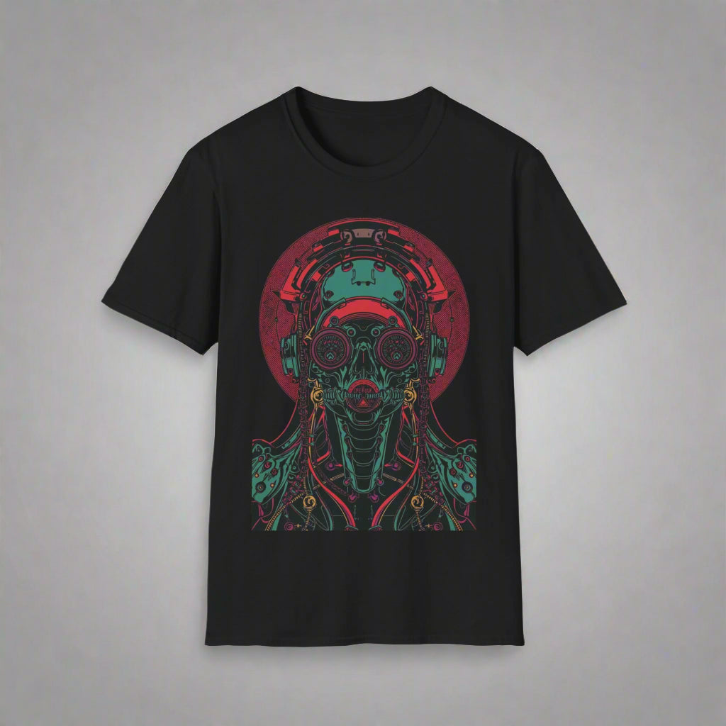 Black t-shirt with a colorful robot design