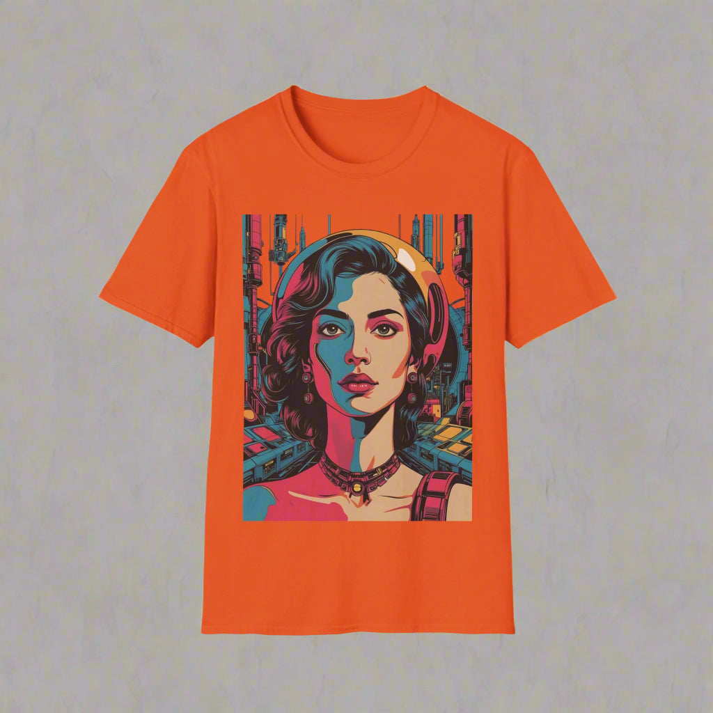 Orange t-shirt with a colorful graphic of a woman's face