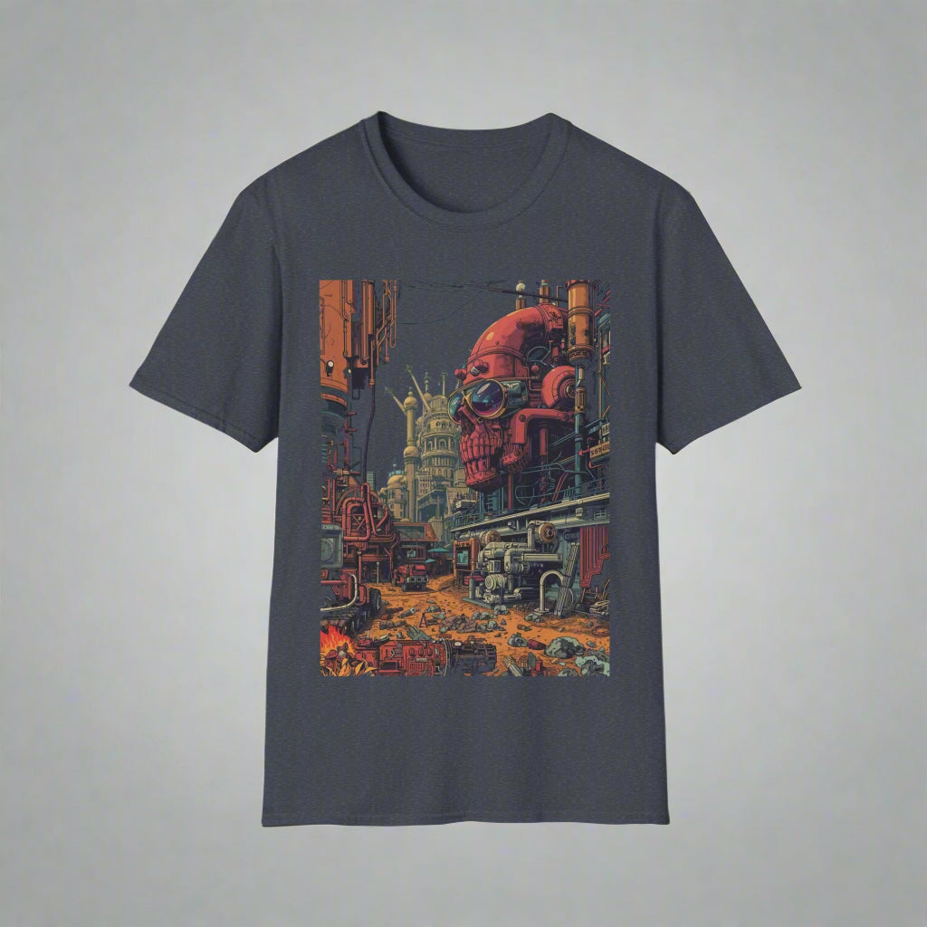 Gray t-shirt with a colorful graphic design of a red robot in an urban setting