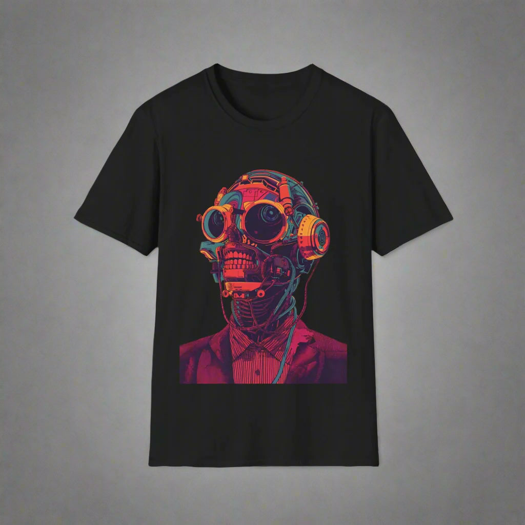 Black t-shirt with a colorful graphic of a skull wearing goggles