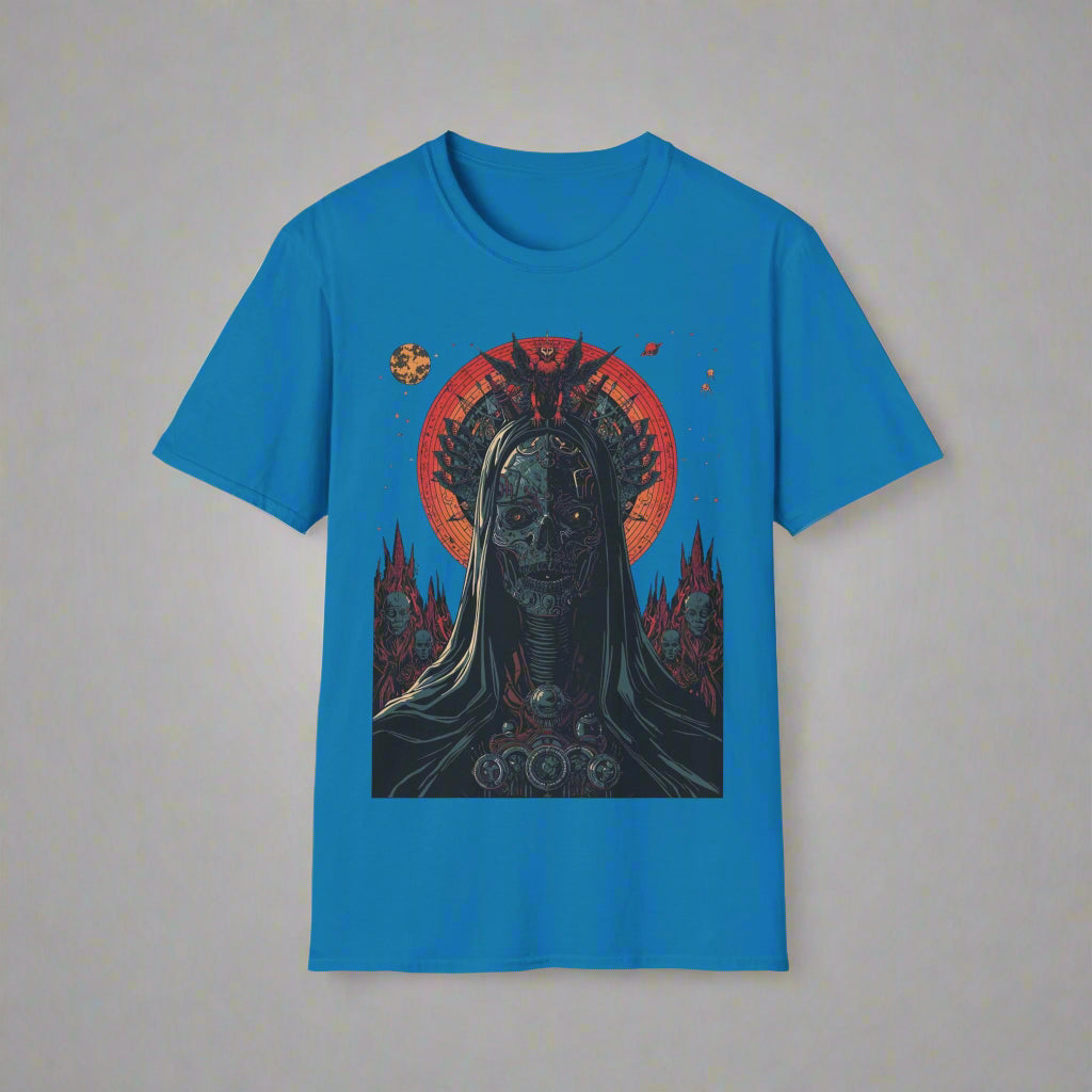 Blue t-shirt with a graphic design of a skull and red circle