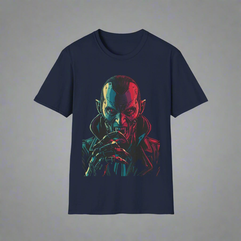Navy blue t-shirt with a graphic design of a character