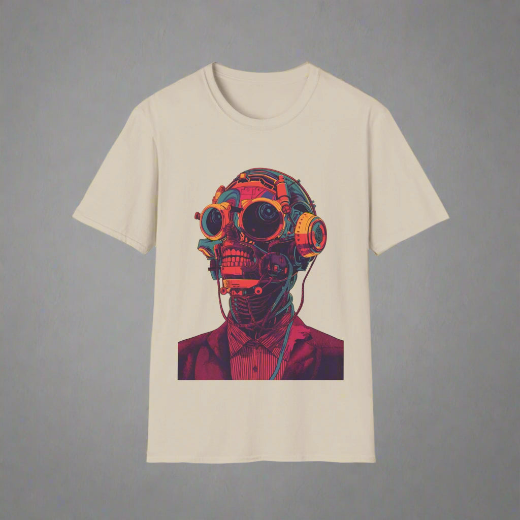 Beige t-shirt with a graphic of a person wearing a futuristic gas mask