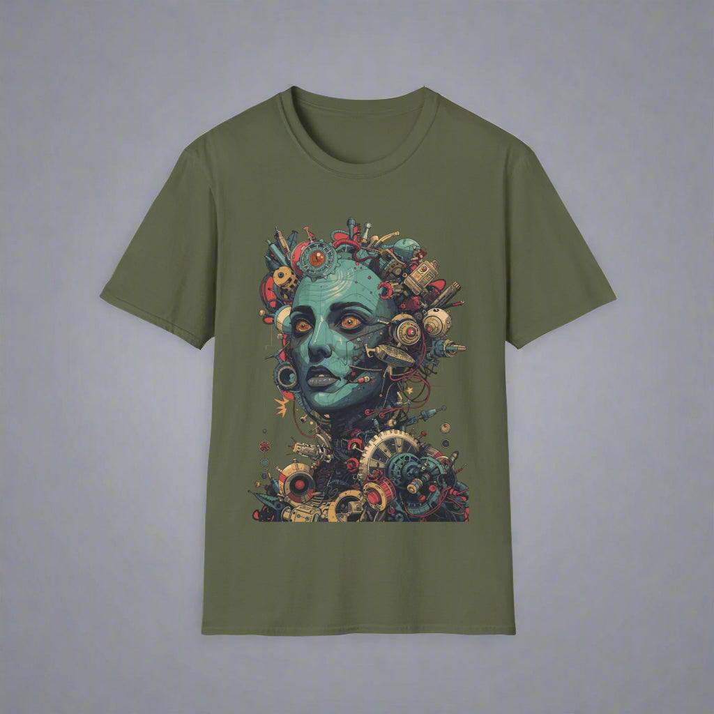 Green t-shirt with a colorful graphic design