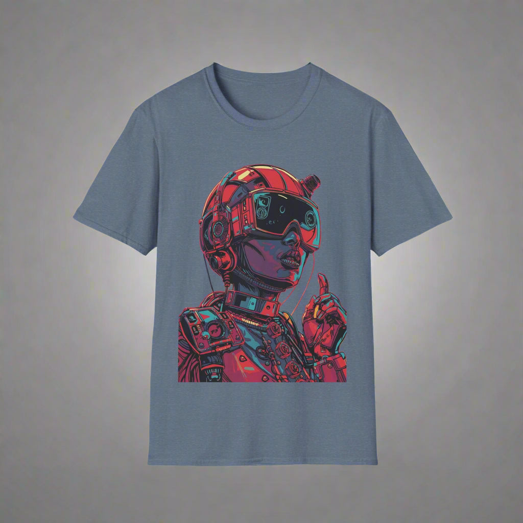 Blue t-shirt with a robot graphic