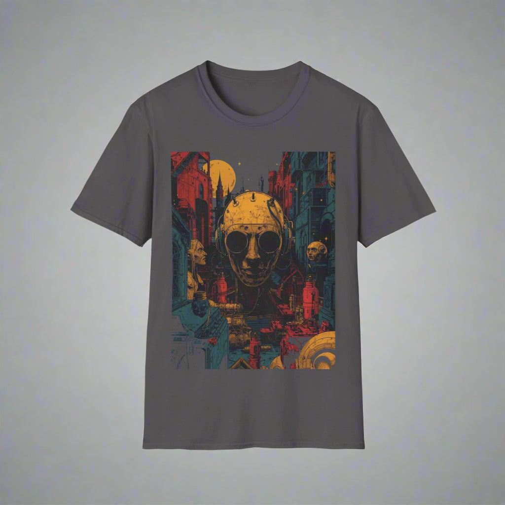 Gray t-shirt with a colorful graphic design