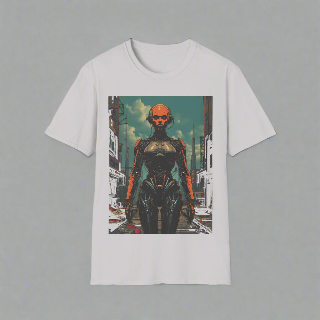 T-shirt with a graphic of a robot on a city street design