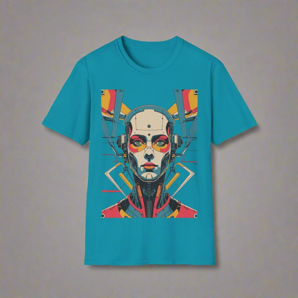 Teal t-shirt with a robot face design