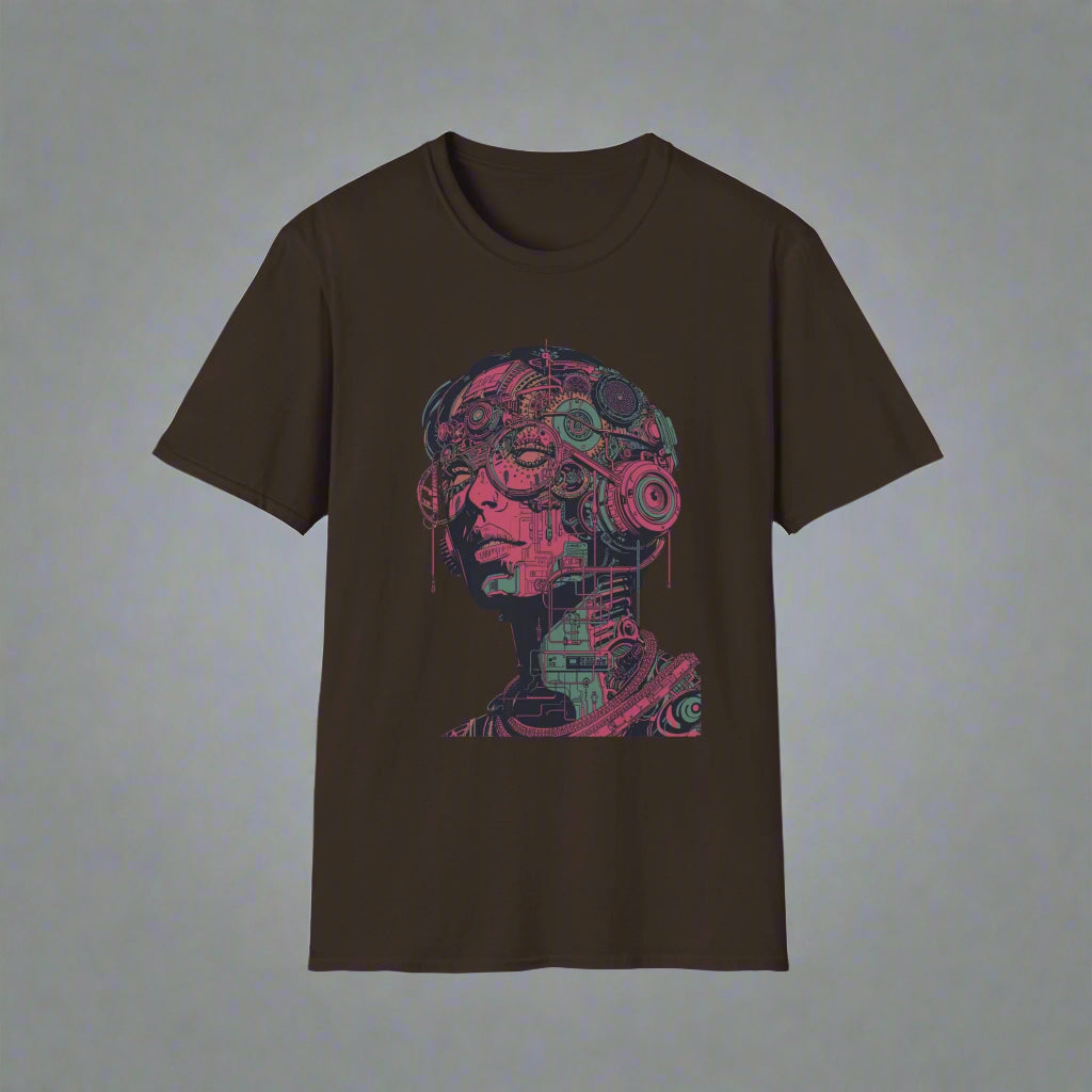Black t-shirt with a colorful mechanical head design