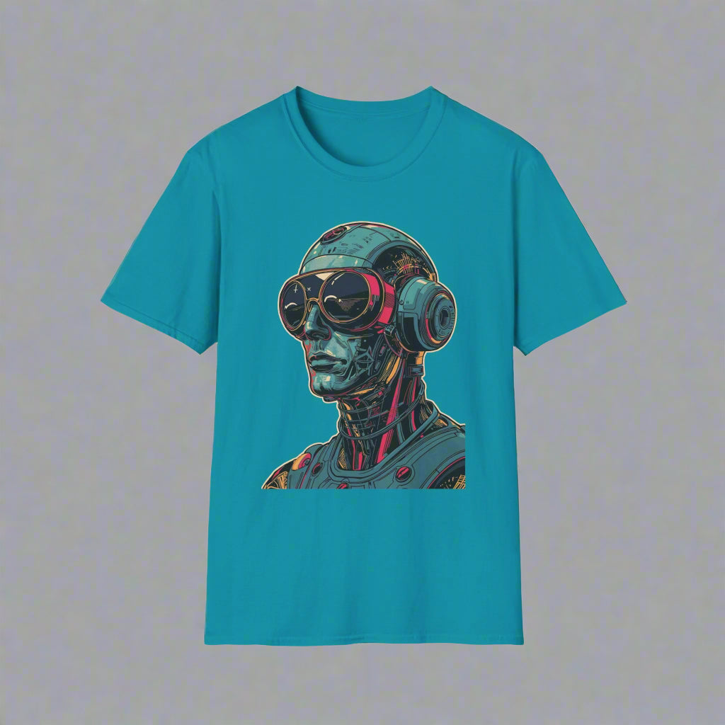 Teal t-shirt with a robot graphic