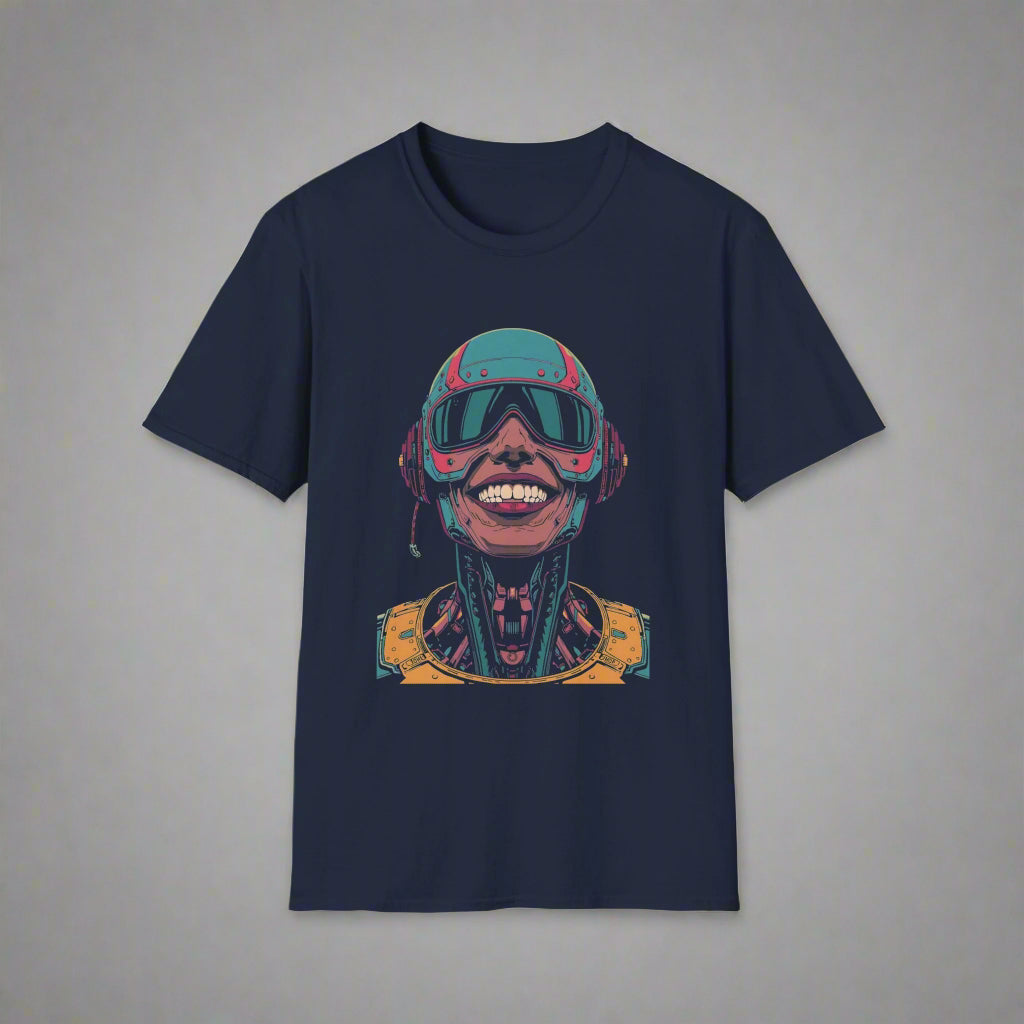 Navy blue t-shirt with a colorful graphic of a helmeted figure
