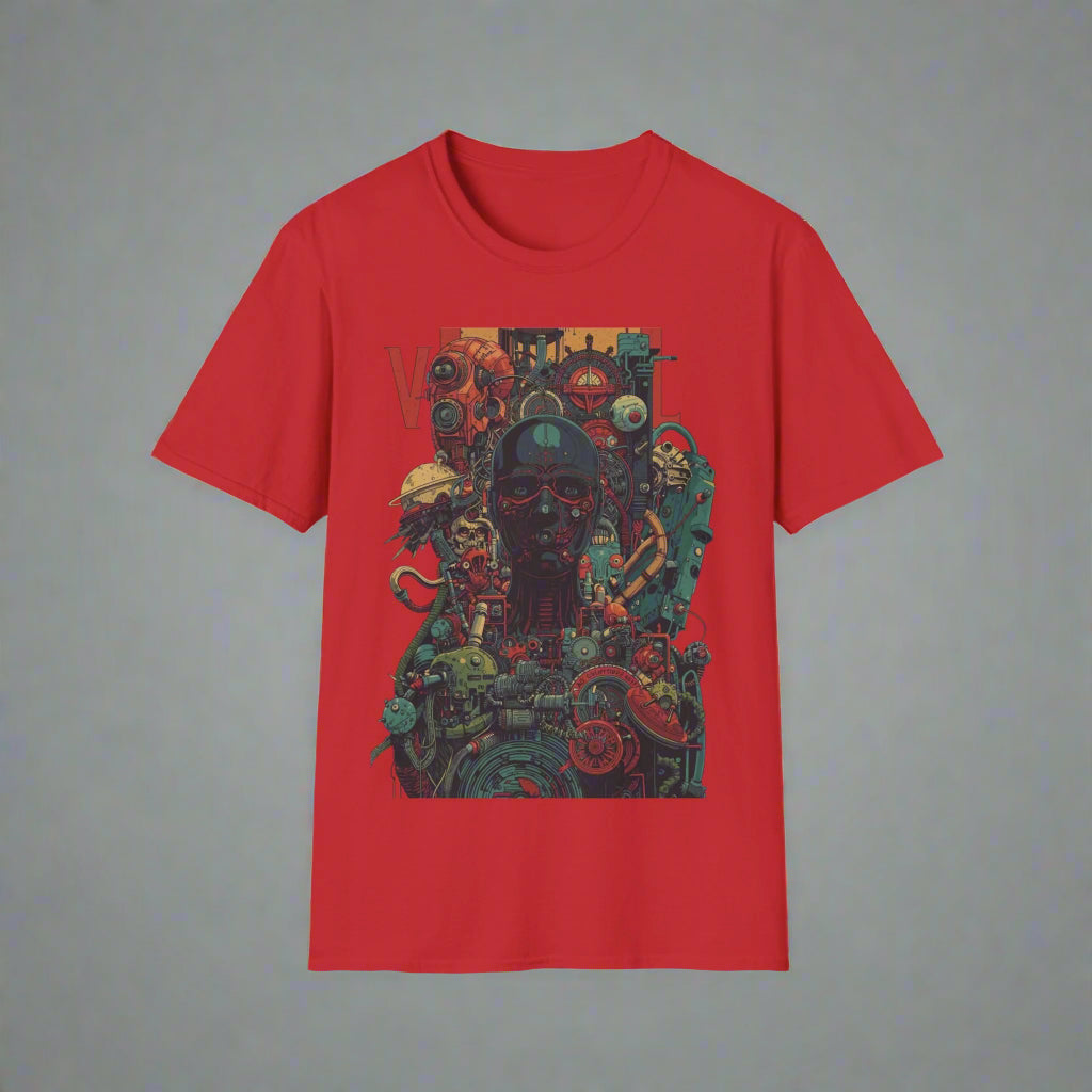 Red t-shirt with a colorful graphic design