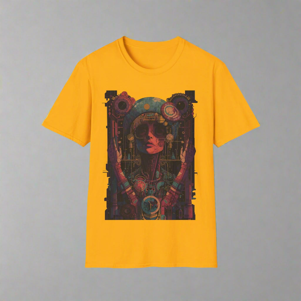 Yellow t-shirt with a graphic design of a woman's face and hands