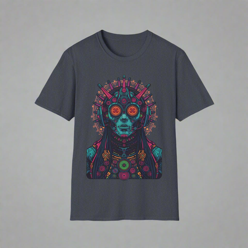 Gray t-shirt with a colorful graphic design