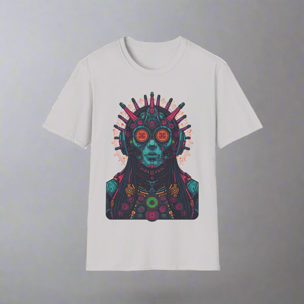 White t-shirt with a colorful graphic design