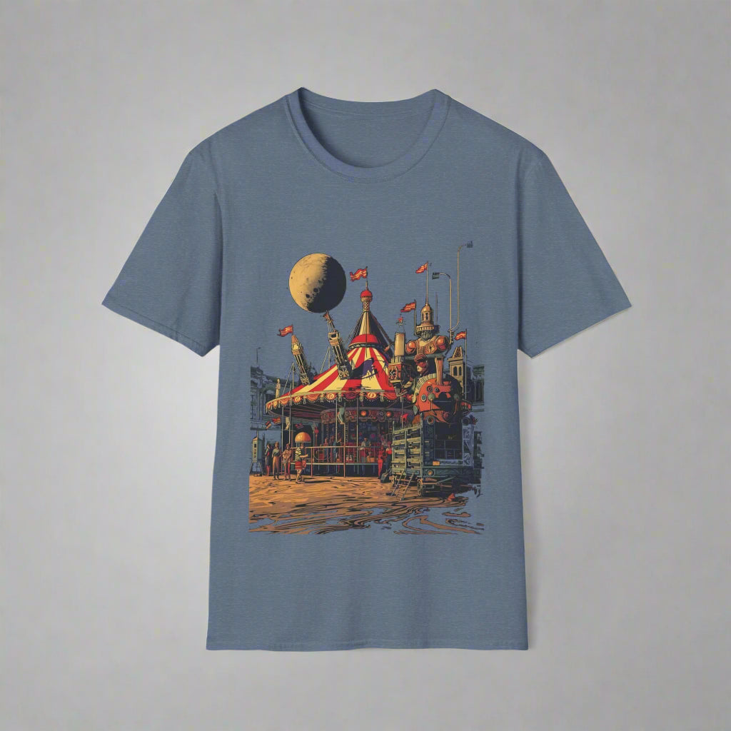 Blue t-shirt with a colorful graphic design of a Ferris wheel and moon
