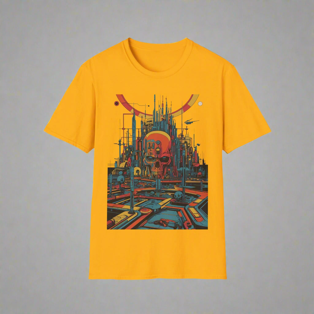 Yellow t-shirt with a futuristic cityscape design