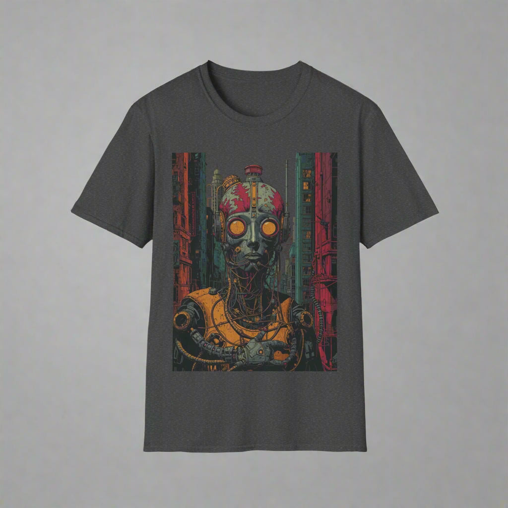 Dark gray t-shirt with a graphic design of a robot-like creature
