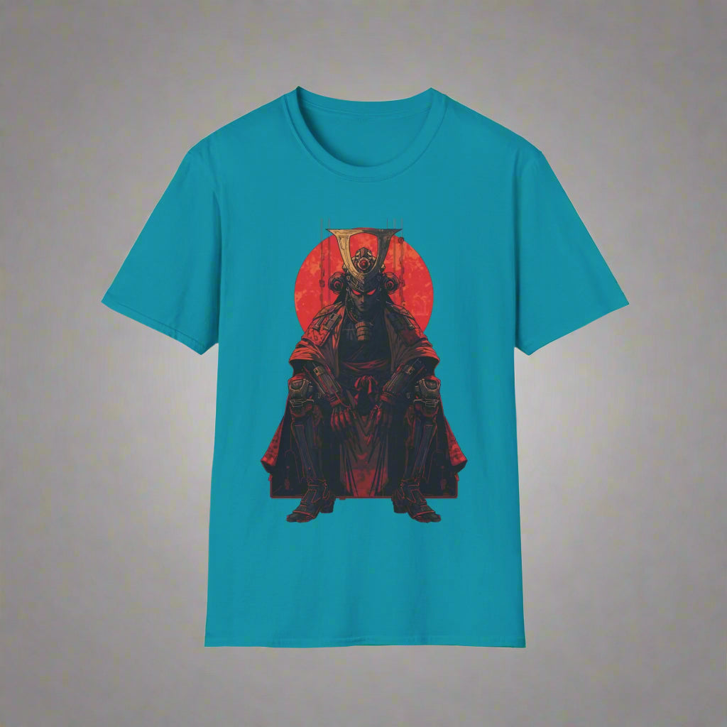 Teal t-shirt with a red and black graphic of a warrior