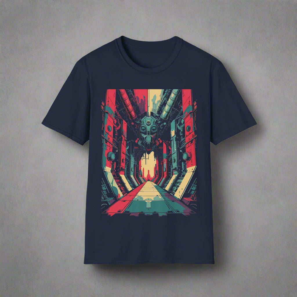 Navy blue t-shirt with a colorful graphic design