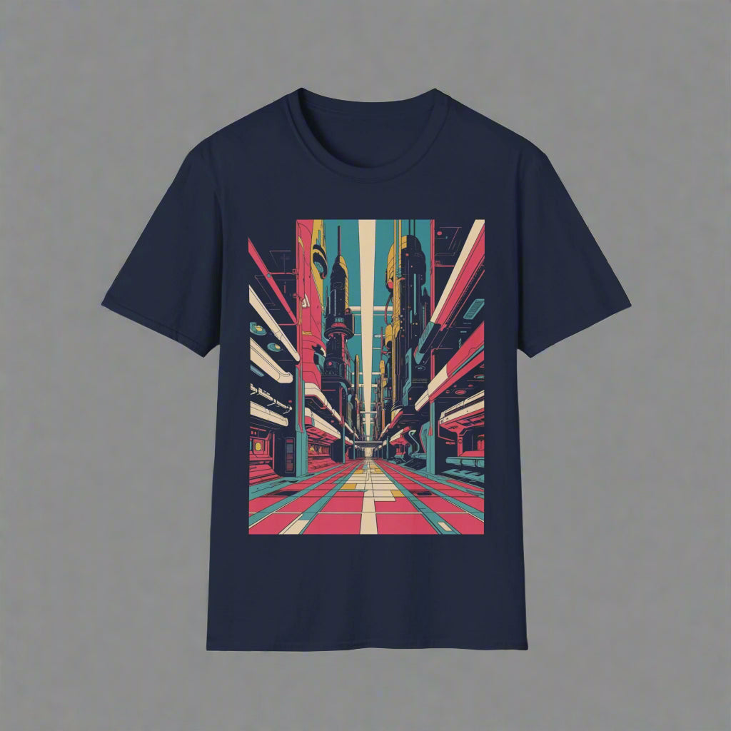 Navy blue t-shirt with a colorful futuristic cityscape design