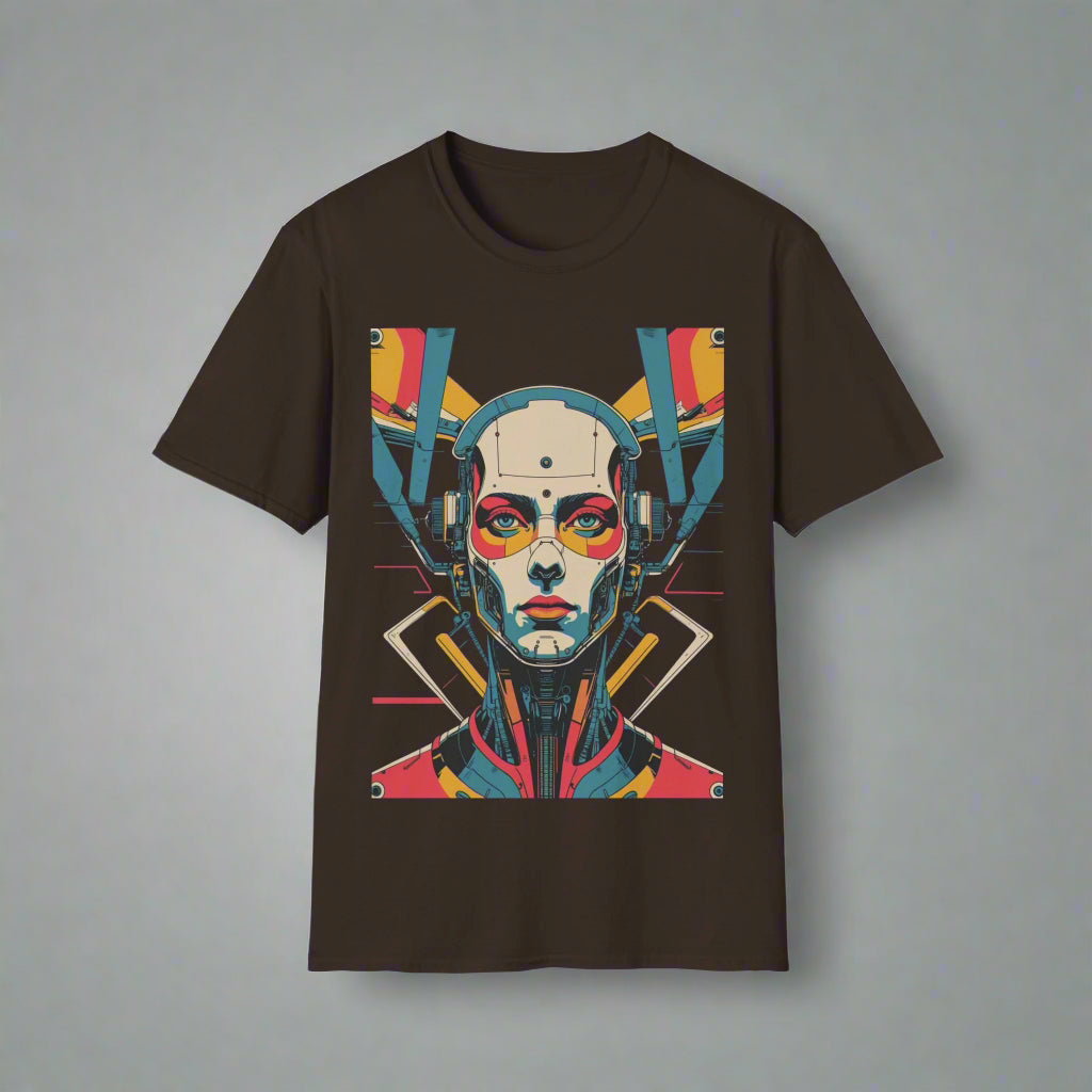 Black t-shirt with a colorful graphic design of a face with headphones