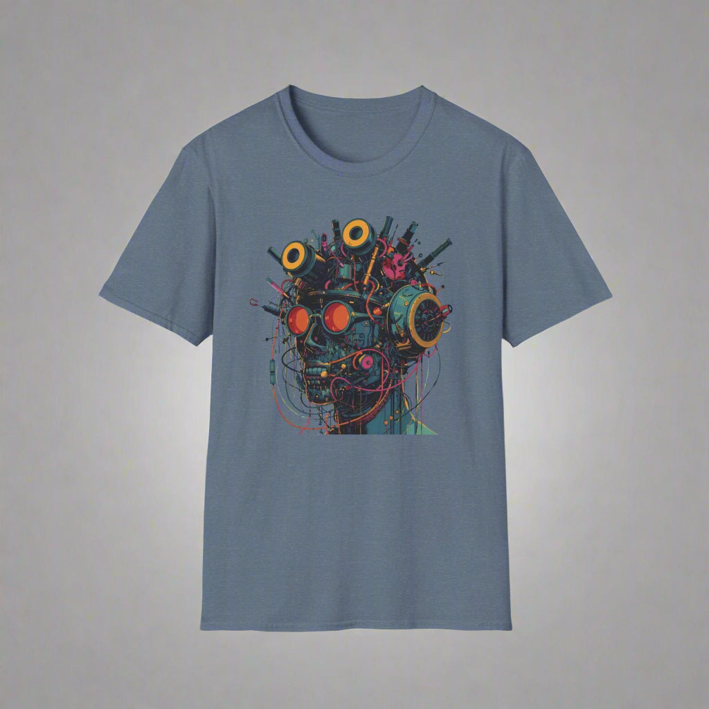 Blue t-shirt with a colorful abstract design