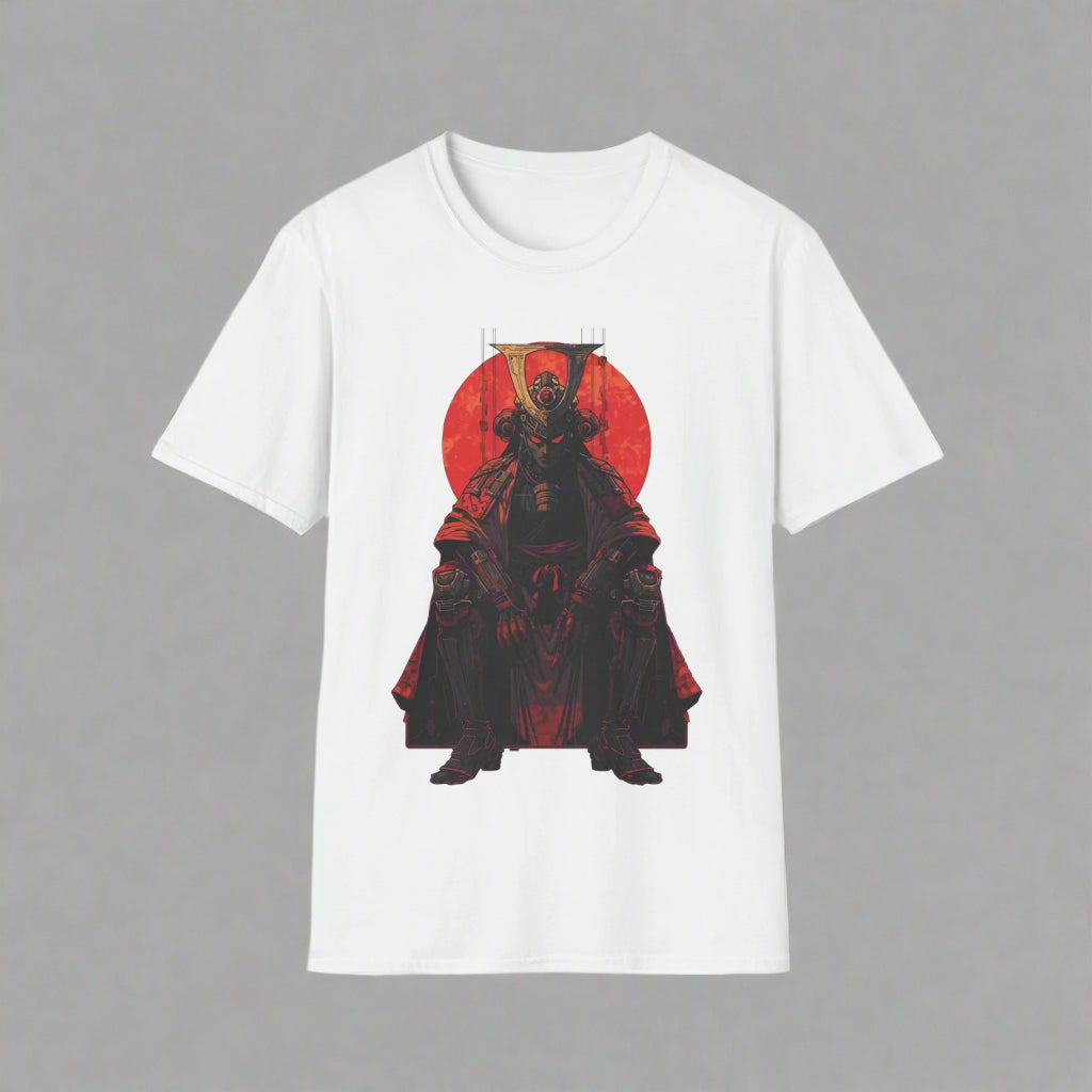 White t-shirt with a graphic of a person in a red and black outfit